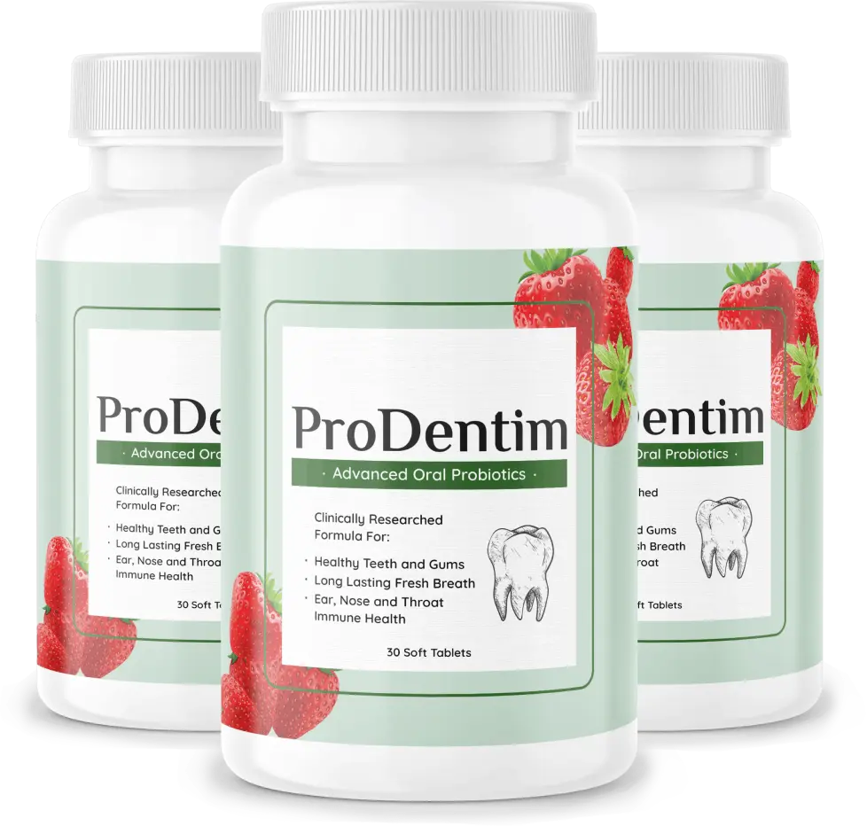 Three bottles of ProDentim advanced oral probiotics with strawberry flavor on a white background.